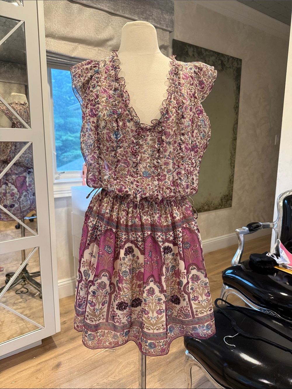 Zadig & Voltaire Lavender and Cream Floral Ruffle Embellished Mini Dress